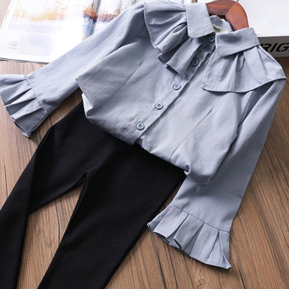 Girls Bell Sleeve Ruffle Top Button Down Blouse